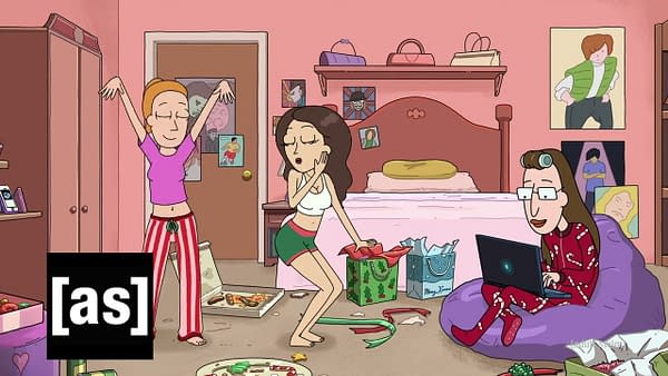 Summer and friends dance to Snake Jazz on Rick and Morty, courtesy of Adult Swim.