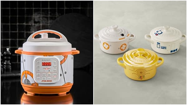L-R: Star Wars BB-8 Instant Pot 3-Qt Pressure Cooker | Le Crueset Stoneware Mini Round Cocette Droids from williams-sonoma.com.