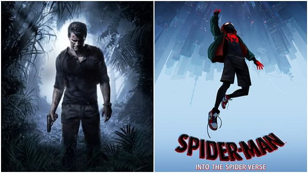L: Official art for Uncharted 4: A Thief's End. Credit: Naughty Dog. R: The official poster for Spider-Man: Into the Spider-Verse. Credit: Sony Animation.