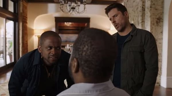 Gus isn't sure he heard Shawn right on Psych, courtesy of NBCUniversal and Peacock.