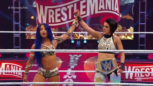 Sasha Banks stands with winner Bayley after the WrestleMania 36 Women's Fatal Five-Way.