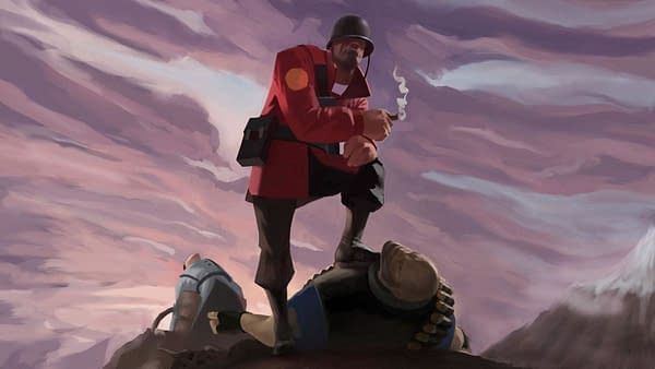 The Soldier character from Valve's Team Fortress 2 standing in a victory pose.