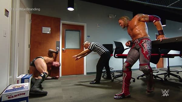 Edge and Randy Orton battle backstage at WrestleMania 36, courtesy of WWE.