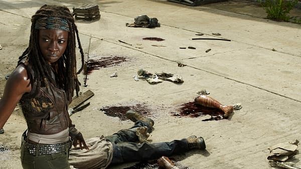 Michonne surveys the damage on The Walking Dead, courtesy of AMC.