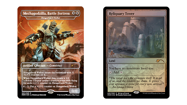 A better look at the Hangarback Walker and Reliquary Tower promotional cards from the "Love Your Local Game Store" program for Magic: The Gathering.