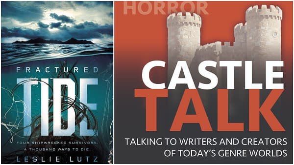 L-R: The cover of Fractured Tide by Leslie Lutz. Credit: Blink/HarperCollins. The official logo for the Castle Talk podcast and used with permission.