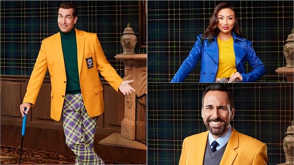Commentators Rob Riggle and Joe Tessitore, and sideline correspondent Jeannie Mai are a part of Holey Moley season 2, courtesy of ABC.