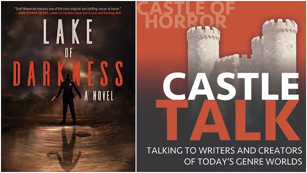 L-R: The cover of Lake of Darkness by Scott Kenemore. Image Credit: Skyhorse Publishing/Talos Press. The logo of the Castle Talk podcast and used with permission.