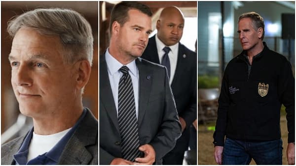 Mark Harmon in NCIS. Chris O'Donnell and LL Cool J in NCIS: Los Angeles. Scott Bakula in NCIS: New Orleans. Images courtesy of CBS.