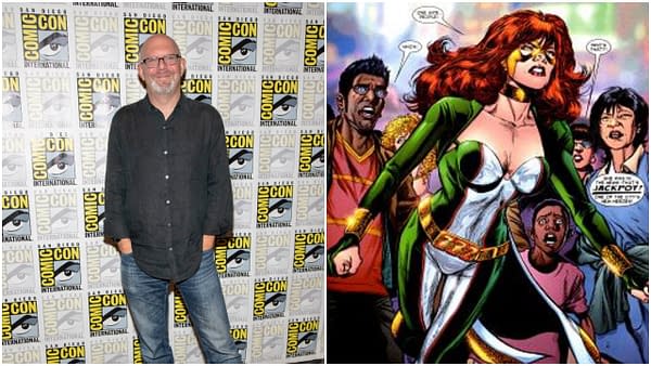 L-R: Marc Guggenheim attends 2019 Comic-Con International CW's "Arrow" at Hilton Bayfront, San Diego, California on July 20 2019. Editorial credit: Eugene Powers / Shutterstock.com. | Artwork of Jackpot for Spider-Man: Swing Shift. Art by Steve McNiven.