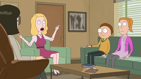 Beth, Summer, and Morty in therapy on Rick and Morty, courtesy of Adult Swim.