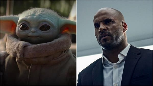 Ricky Whittle posed with "The Child" (well, a doll) on the set of American Gods (images: Disney+ / STARZ).