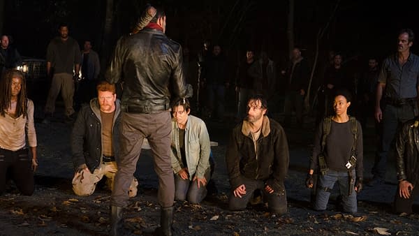 Michael Cudlitz as Abraham and Jeffrey Dean Morgan as Negan in The Walking Dead, courtesy of AMC Networks.