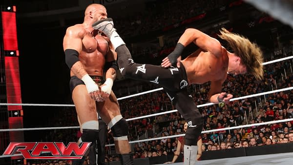 Dolph Ziggler hits Triple H with what is definitely not "Sweet Chin Music" on RAW, courtesy of WWE.