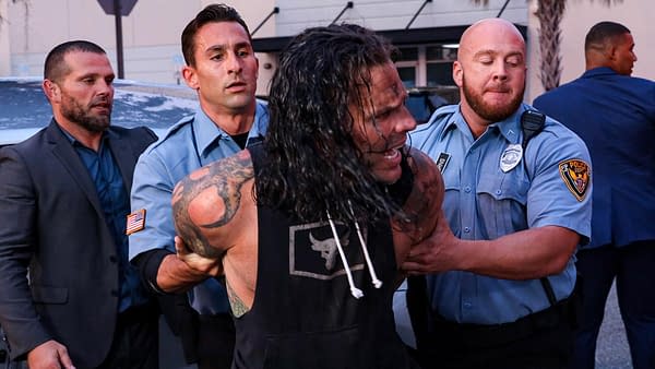 Jeff Hardy is arrested (in storyline) after a suspected DUI incident on WWE Smackdown in May, 2020, one of many storylines referencing the wrestling legend's struggles with addiction.