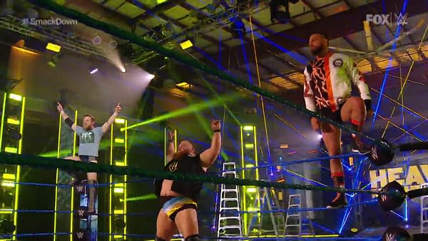 Daniel Bryan, Drew Gulak, and Otis enter the ring on SmackDown, courtesy of WWE.