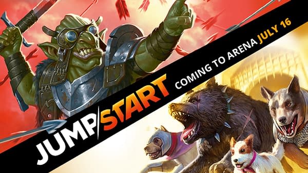 The announcement header for the Jumpstart expansion set on Magic: The Gathering Arena, coming July 16th.