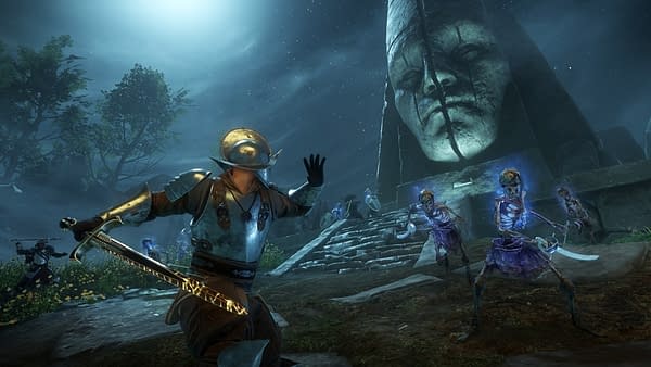 Another screenshot from New World, an MMO by Amazon Game Studios, wherein a character is facing down a bunch of skeleton warriors.