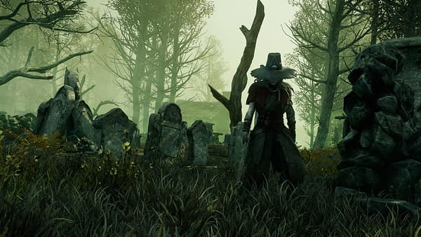 A screenshot from New World, showing a guard in the bog. New World is an upcoming MMORPG from Amazon Game Studios.