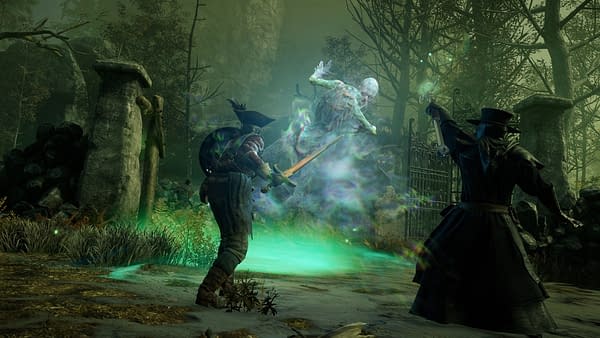 Another screenshot from New World by Amazon Game Studios, showing the players facing down a ghost.