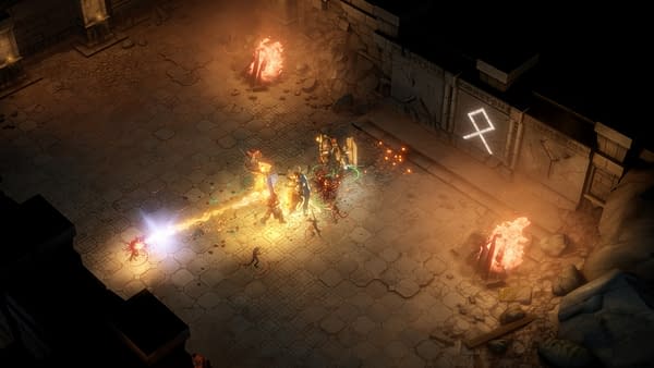 A screenshot from Pathfinder: Kingmaker Definitive Edition, depicting a battle in a far-away dungeon.
