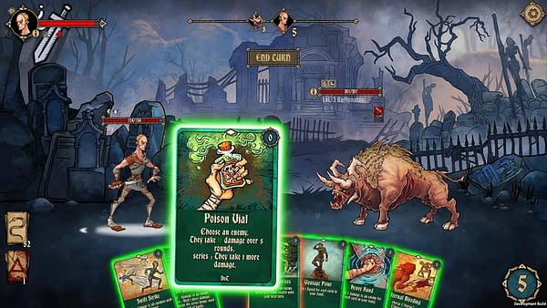 An example screenshot of the combat interface of the indie game Deck of Ashes.