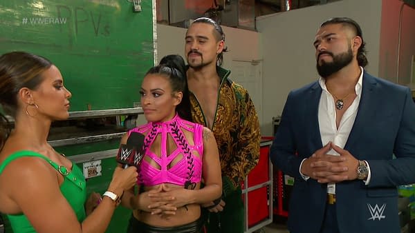 Zelina Vega appears on WWE Raw with Charly Caruso, Angel Garza, and Andrade.