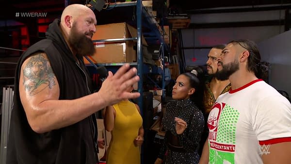 Big Show talks to Zelina Vega, Angel Garza, and Andrade backstage.