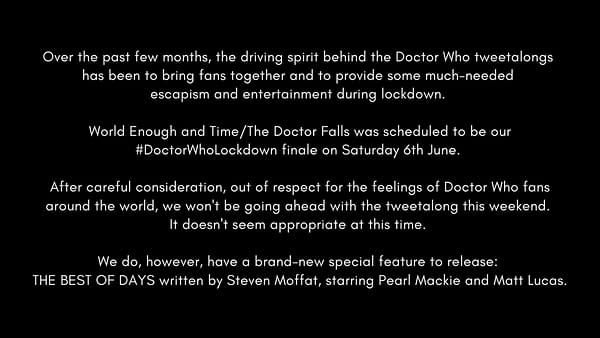 Doctor Who Lockdown notice from Emily Cook.