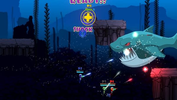 Another screenshot from Swimsanity!, an underwater indie shooter game developed by Decoy Games. The screenshot features players fighting off a large shark.