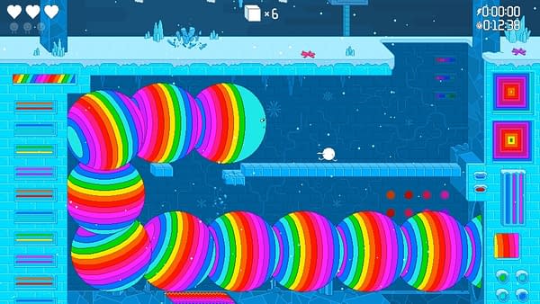 Another stunning screenshot from Spinch, featuring our protagonist seemingly running from a massive creature formed of rainbow spheres.
