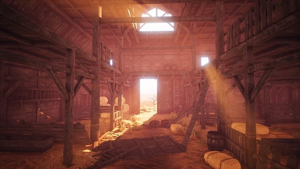 A screenshot from Cowboy Life Simulator by indie developer Rock Game and publisher Playway. The screenshot depicts the interior of your old, dilapidated barn.