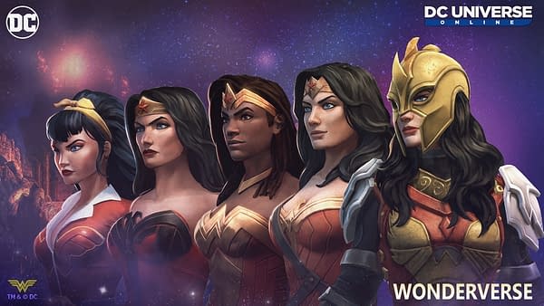 A Wonder Woman for every dimension comes together in DC Universe Online, courtesy of Dimensional Ink Games.