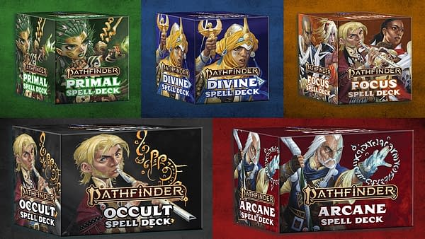 The five different Spell Decks for Paizo's famous role-playing game, Pathfinder. Pictured from top left to bottom right: Primal, Divine, Focus, Occult, and Arcane.