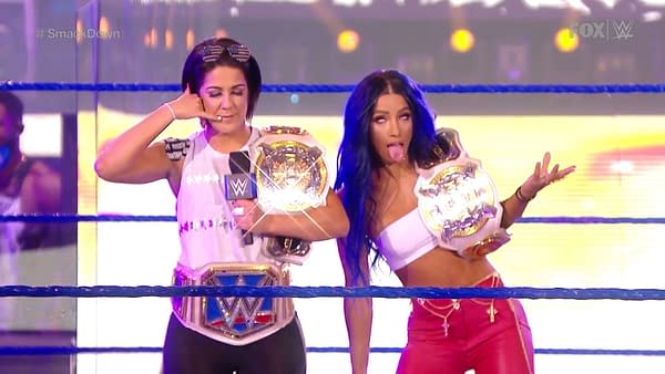 Bayley and Sasha Banks do their Undertaker impressions on SmackDown (Image: WWE)