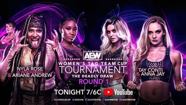 The match graphic for Nyla Rose and Ariane Andrew vs. Tay Conti and Anna Jay in the AEW Women's Tag Team Cup Tournament.