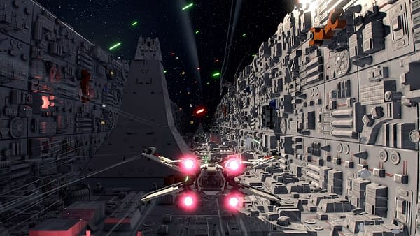 Running the Death Star trench in LEGO Star Wars: The Skywalker Saga, courtesy of WB Games.