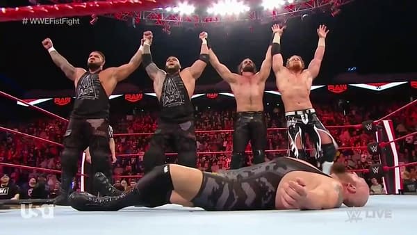 The Authors of Pain in happier times with Seth Rollins and Buddy Murphy.