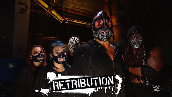 The Antifa-inspired anarchist stable known as Retribution have invaded WWE. While the names of the women have not been revealed, the men are, from left to right, Slapjack, T-Bar, and Mace.