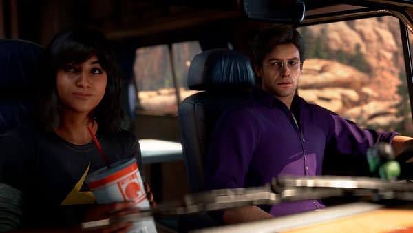 Kamala Khan and Bruce Banner on a road trip in Marvel's Avengers, courtesy of Square Enix.