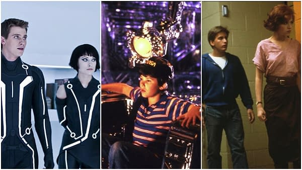 Garrett Hedlund and Olivia Wilde in Tron: Legacy (2010), Joey Cramer in Flight of the Navigator (1986), Emilio Estevez and Molly Ringwald in The Breakfast Club (1985). Images courtesy of Walt Disney Pictures and Universal Pictures