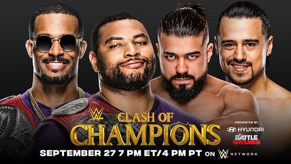 Andrade and Angel Garza vs the Street Profits, WWE Clash of the Champions key art (Image: WWE).