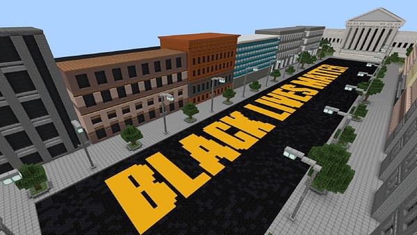 Black Lives Matter appearing in Minecraft, along with other prominent structures. Courtesy of Mojang.