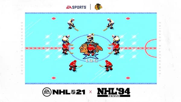A look at a faceoff on the Blackhawks rink in NHL 94, courtesy of EA Sports.