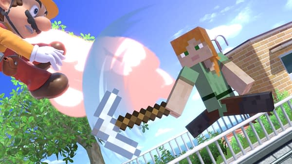 So a Minecraft pickaxe can whoop Mario's hammer? Hmmmm. Courtesy of Nintendo.