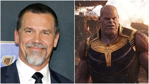 L-R: Josh Brolin at the World premiere of 'Avengers: Endgame' held at the LA Convention Center in Los Angeles, USA on April 22, 2019. Editorial credit: Tinseltown / Shutterstock.com | Thanos in Avengers: Infinity War. Credit: Marvel