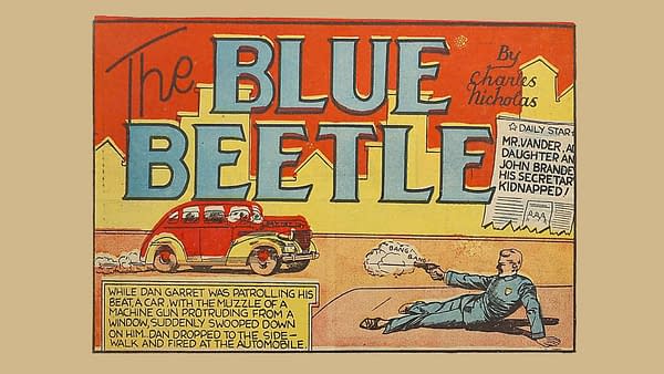 Mystery Men #1, 1939, Fox Features Syndicate, Blue Beetle title panel.