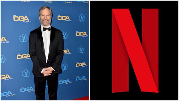 L-R: Judd Apatow at the 72nd Annual Directors Guild Awards at the Ritz-Carlton Hotel. Editorial credit: Featureflash Photo Agency / Shutterstock.com | The Netflix logo. Credit: Netflix