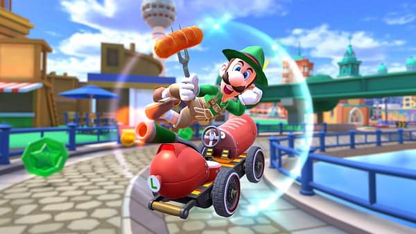 Luigi clad in lederhosen with a sausage, but it's Nintendo, so no beer. Courtesy of Nintendo.