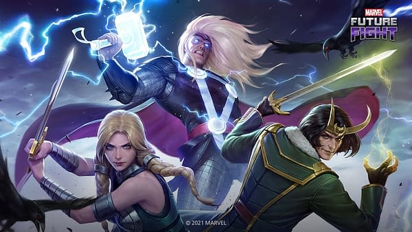 Valkyrie, Thor, and Loki all in some new garb from the latest update to Marvel Future Fight. Courtesy of Netmarble.
